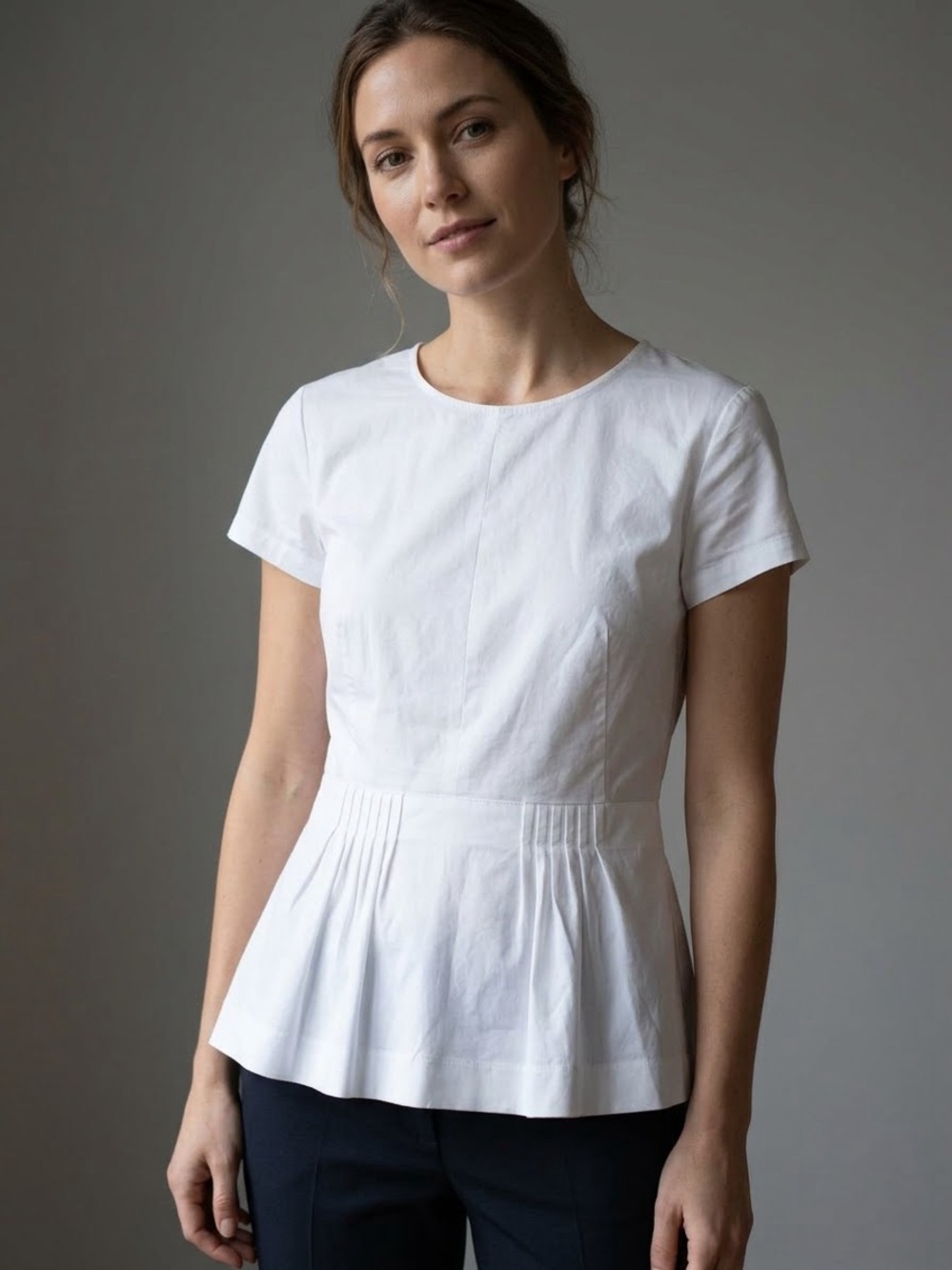 Theory Carrian Precise Pleated Peplum Short Sleeve Blouse Exposed Back Zip Top